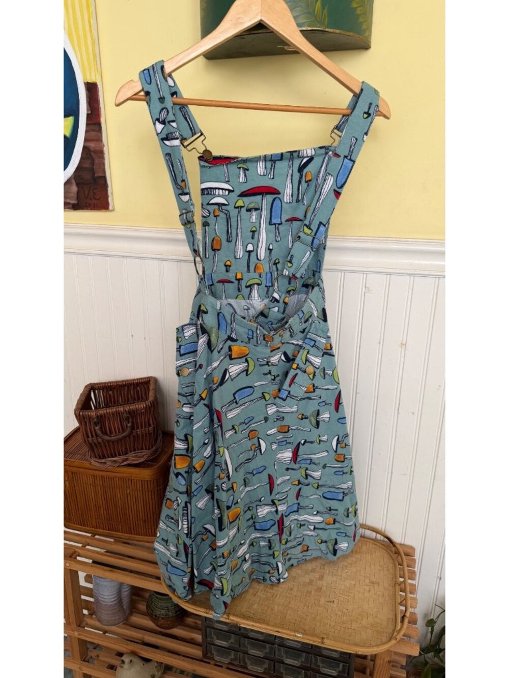 Unique Vintage Mushroom Print Jumper Dress 2X Adjustable Straps Pockets Blue Mul